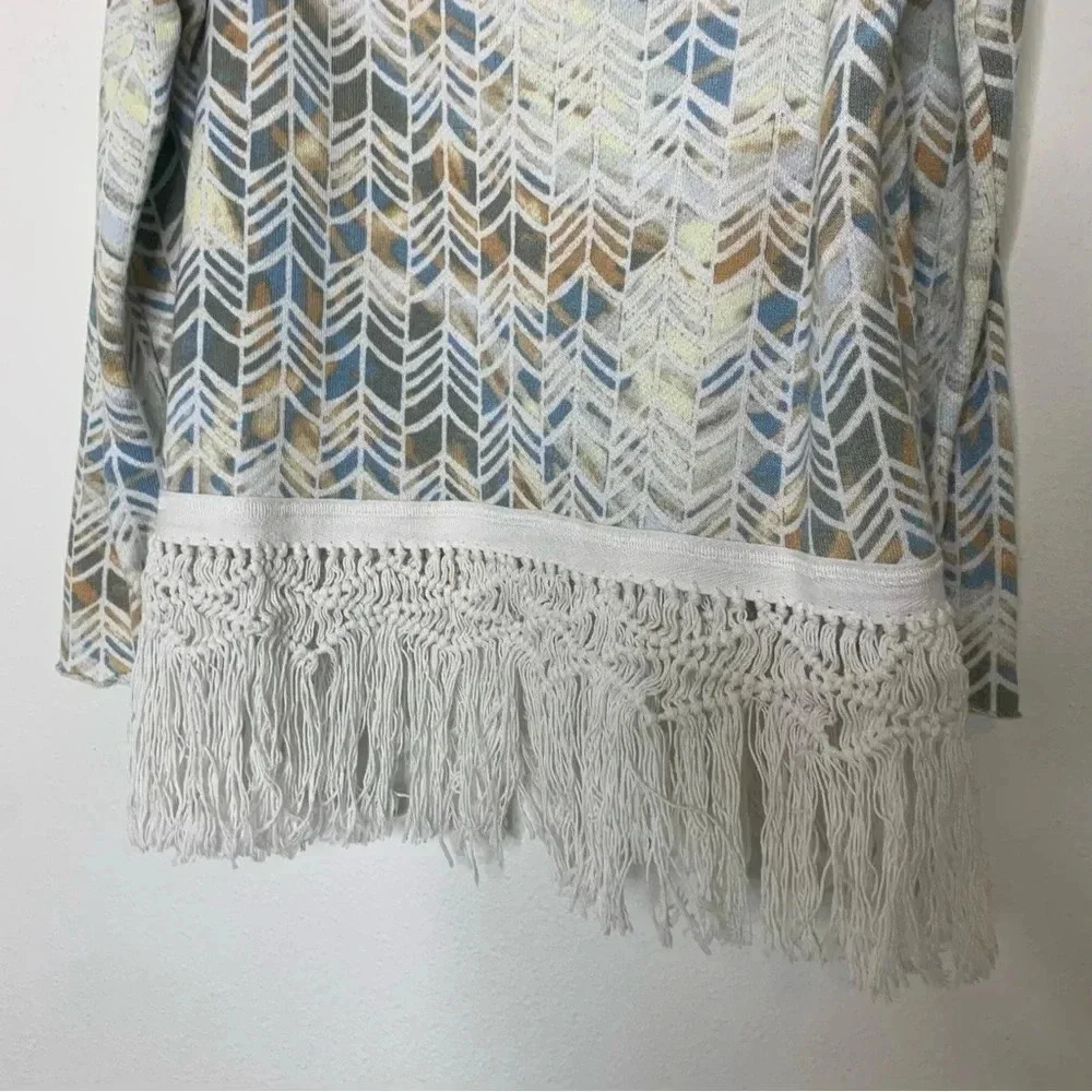 Free people geometric blue yellow white fringe macrame long sleeve top sz Large